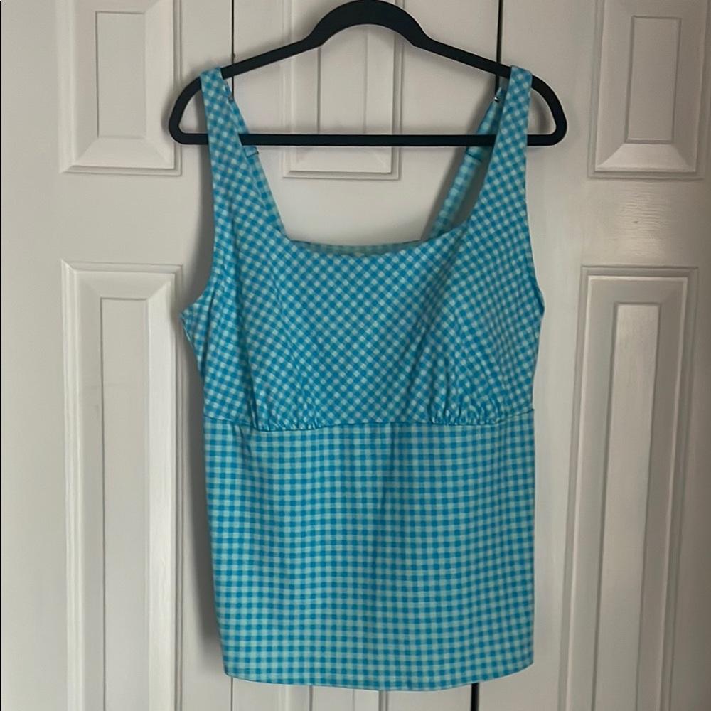 Lands' End Aqua Gingham Square Neck Underwire Tankini Top